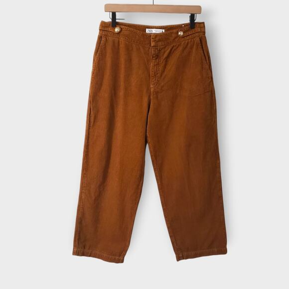 Zara Corduroy Wide Leg High Rise Pant Camel Brown Sz 8 Boho Fall Minimal Neutral - Picture 1 of 13